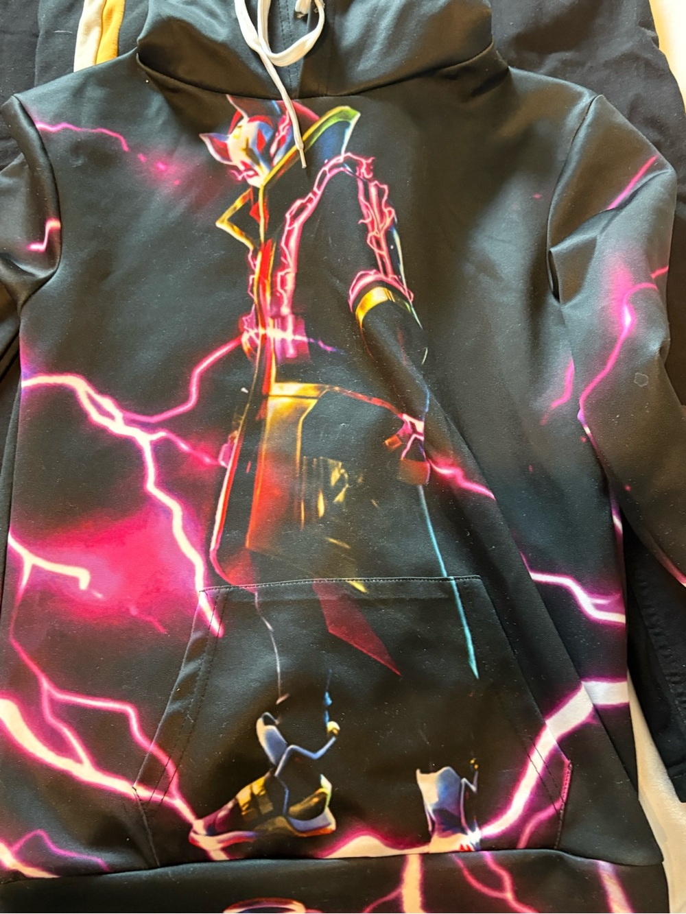 Fortnight Kids Black Hoodie with Neon Pink Lightning Character Graphic Fortnite
